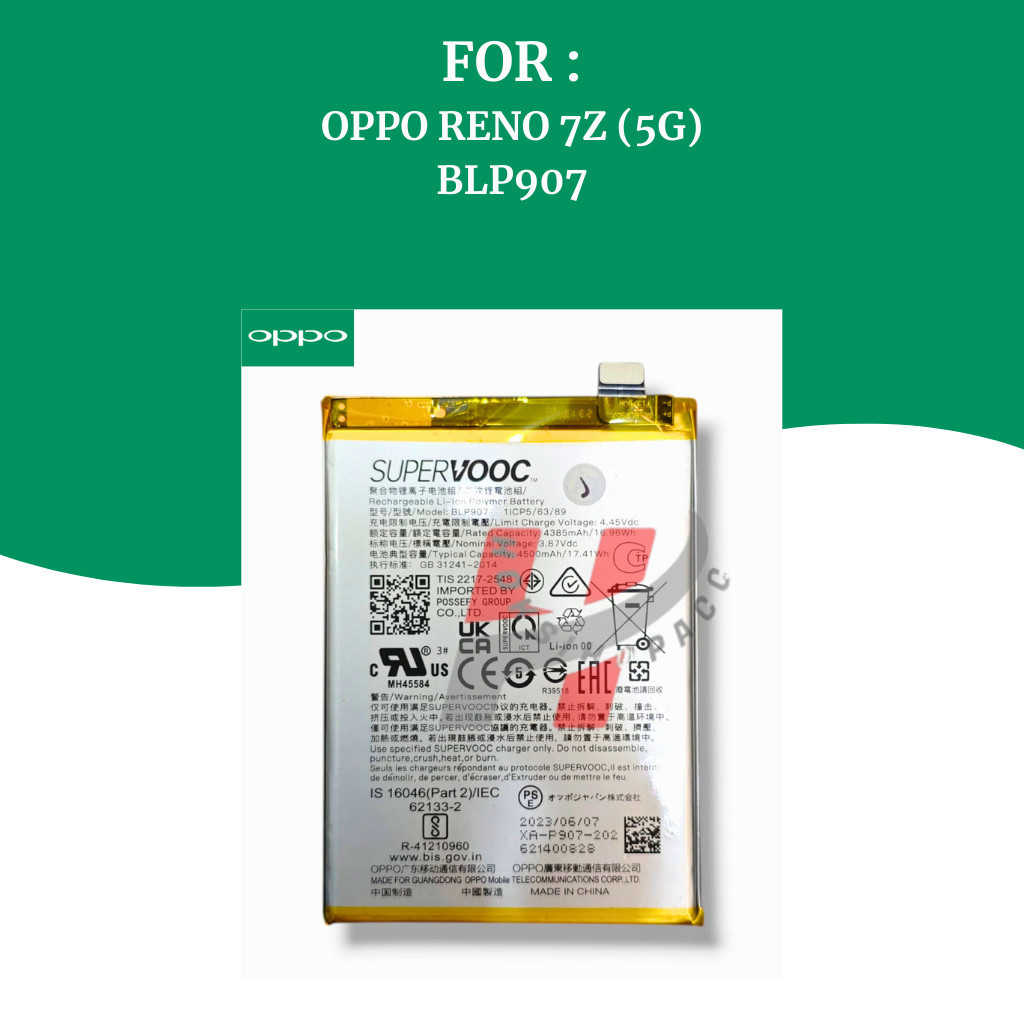 Baterai Oppo RENO 7Z (5G) SUPERVOOC | Batre HP Oppo Original ( BLP907 ) | Battery Ori