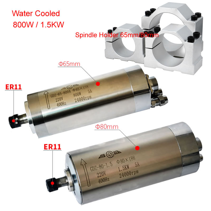 CNC Spindle Motor 800W 1.5KW 220V Waterproof Water Cooling Engraving Machine Z Axis Shaft 65mm 80mm 