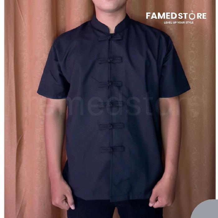 Kemeja China Warna Hitam Elegan / Kemeja Cheongsam Lengan Pendek Chinese Style kerah sanghai Pria Fo