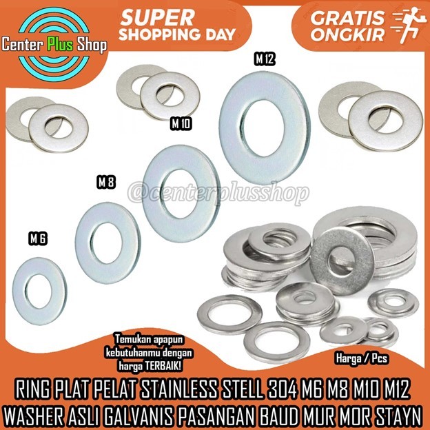 Ring Plat Pelat Putih Lingkaran Stainless Stell 304 M6 M8 M10 M12 Washer Asli Galpanis Pasangan Baud