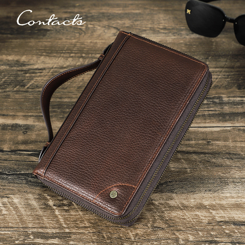 dompet CONTACT'S Men Genuine Leather Clutch Wallets Retro Long Zipper Clutch Bag Phone Pocket Card H