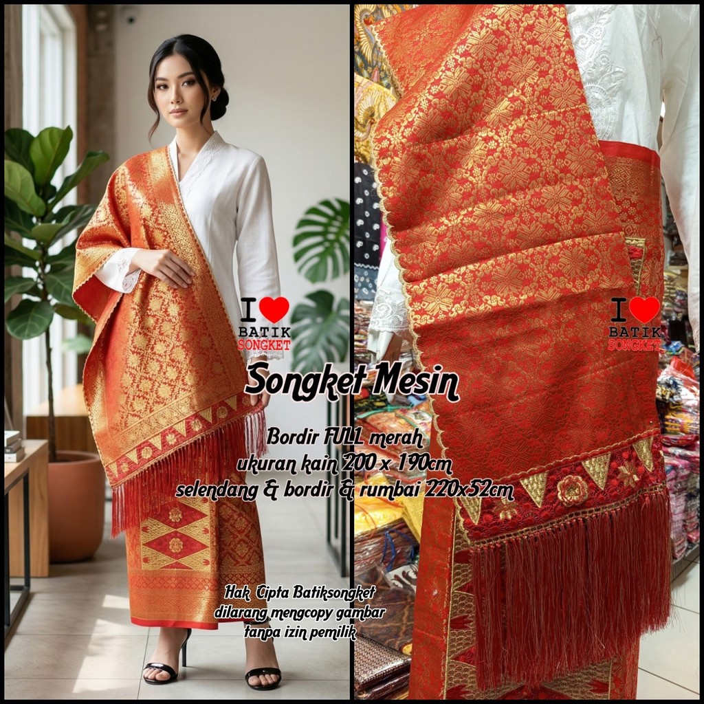 SONGKET MESIN MOTIF 4 BORDIR MERAH CABE PENGANTIN HALUS LEPUS PALEMBANG MURAH SETELAN KAIN SELENDANG