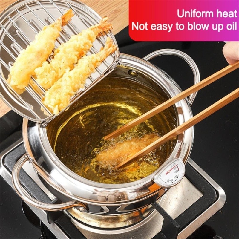 Stainless Steel Deep Frying Pan Japanese Tempura Fryer With Thermometer Control Non Stick Frying Pan