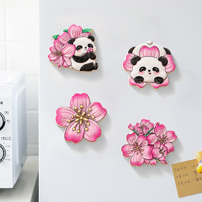 Magnet Kulkas Panda Bunga Sakura Romantis Baru, Stiker Magnetik Kartun Resin Embos