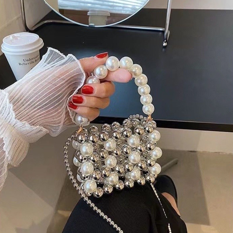 [Amy] Tas Mutiara Tenunan Tangan Tas Manik-manik Tas Rantai Mutiara Mini Lipstik Selempang Genggam