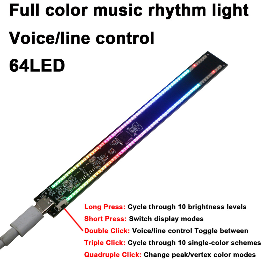 TYPEC USB 64 LED Stereo Music Spectrum splay Auo Level Incator Full Color RGB Music Rhythm Light Atm