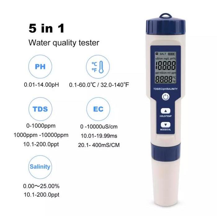 Hot Produk EZ-9909 5 in 1 5 In 1 Alat Ukur Uji Kualitas Air PH TDS Salinity EC Suhu Salinity TDS EC 