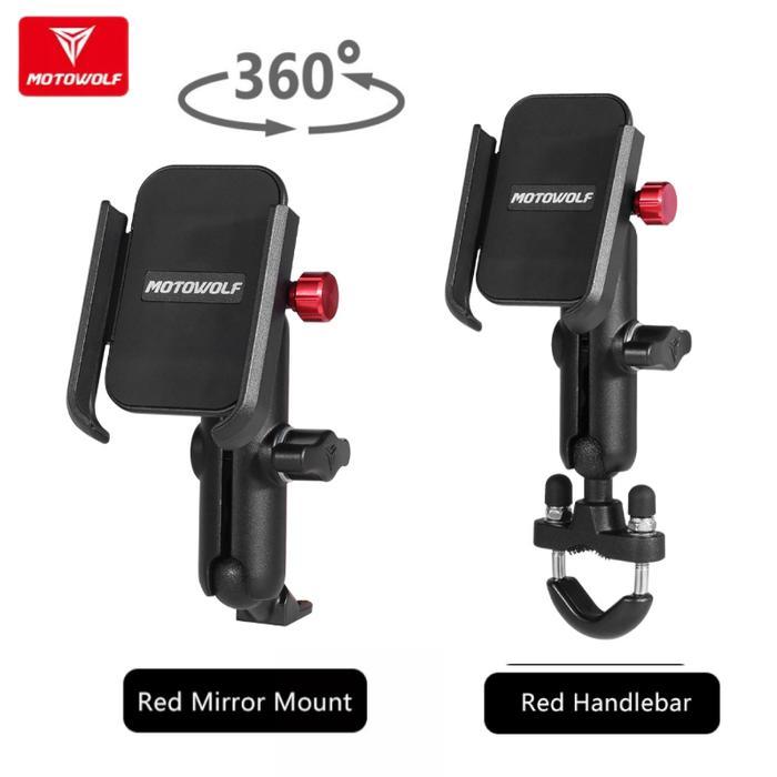 RAJA MODIF | MOTOWOLF V3 Holder HP Motor Stang Spion 360 Almunium Alloy Best Seller - Merah, SPION