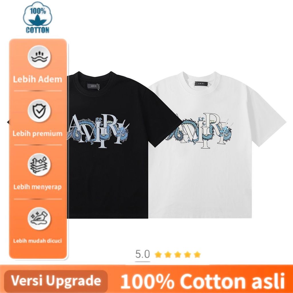 Kualitas Premium, Cocok untuk Pria dan Wanita  AMIRI T-Shirt Pria Dragon Print Katun Berkualitas Tin