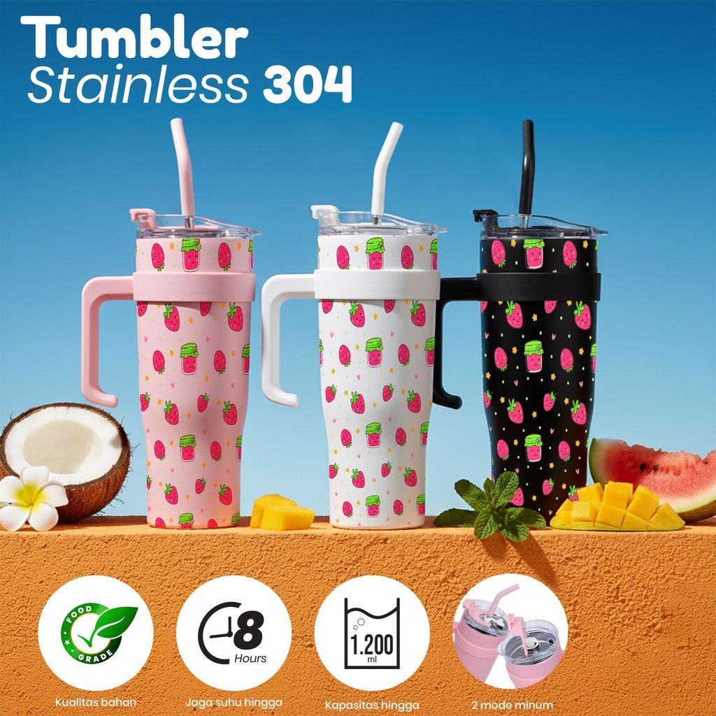 Tumbler Stainless Steel 304 Kapasitas 1200ml Design Strawberry Mango Motif Warna Warni 48 Jam Tahan 