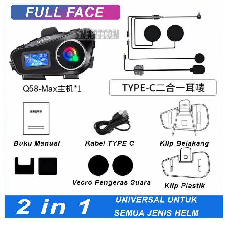 SMARTCOM Q58MAX helm Headset Earphpne Bluetooth layar LCD headset Helmet Interkom dua orang - FULL F