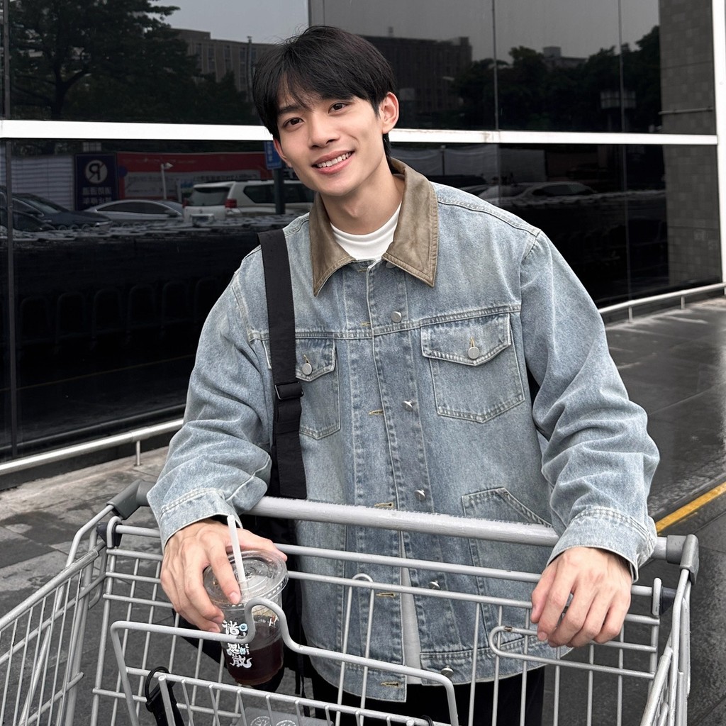 Amerika vintage mencuci splicing jaket denim pria tren untuk melakukan jaket kasual longgar tua