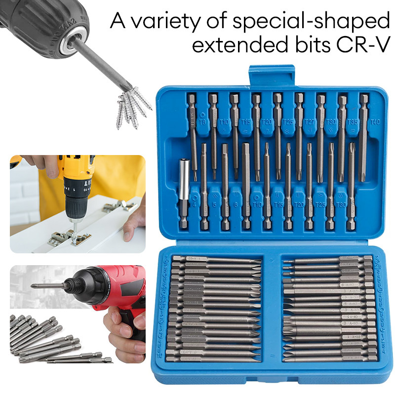 Set Obeng Keamanan Panjang Profesional 50 Buah CR-V Termasuk Tri-Wing PZ Tipe U Tipe Y Torx