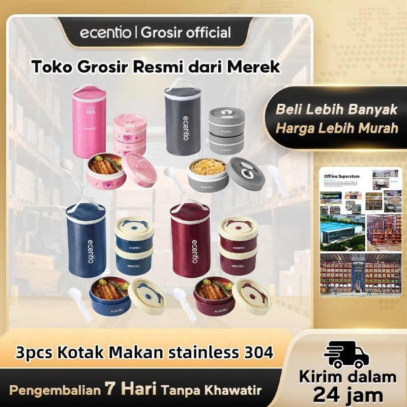 [Diskon 70%]Ecentio tempat makan stainless anti tumpah lunch box set 3pcs 400ml+400m+600ml anak Kota