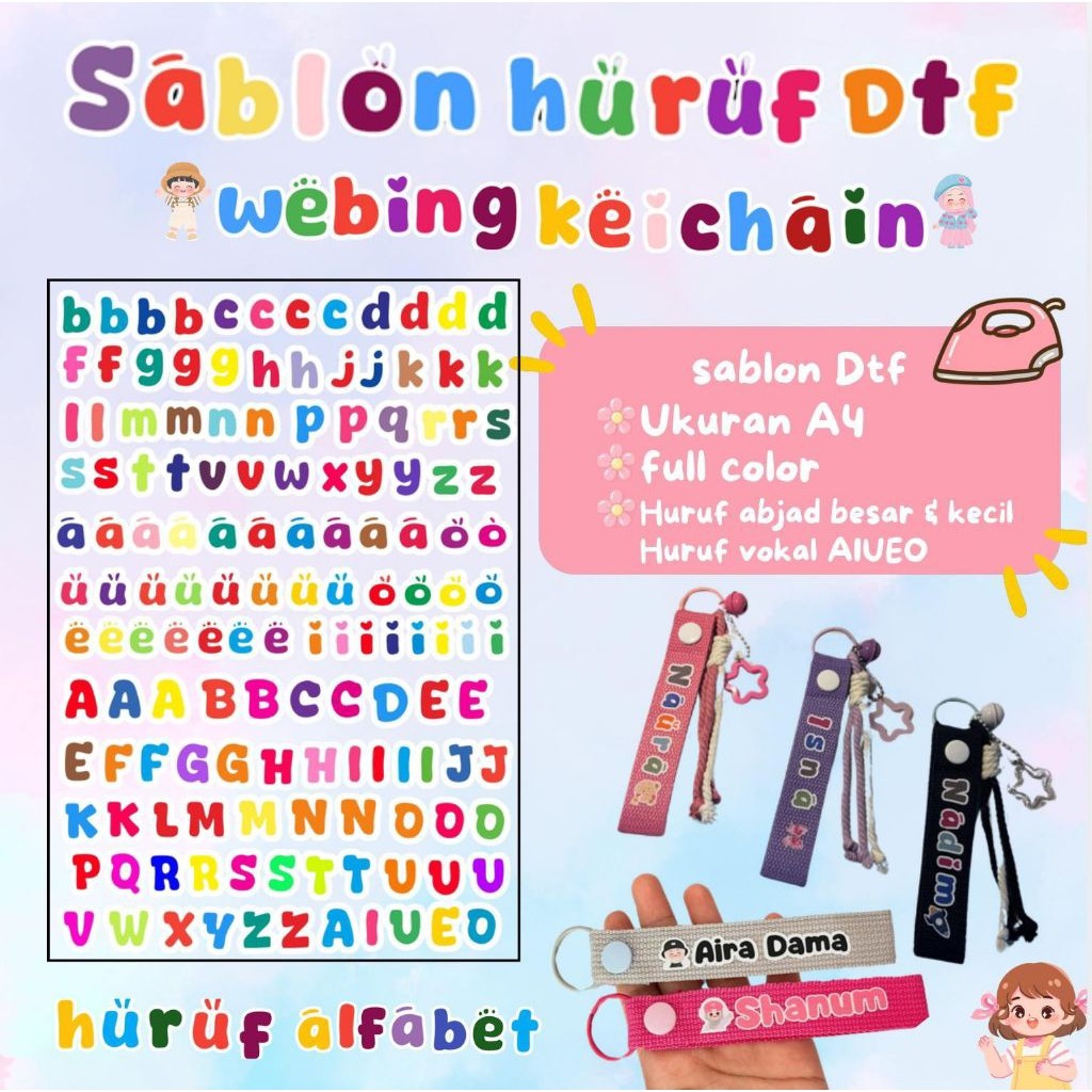(READY STOCK ) Sablon Huruf Dtf webbing keychain / sablon huruf gantungan kunci