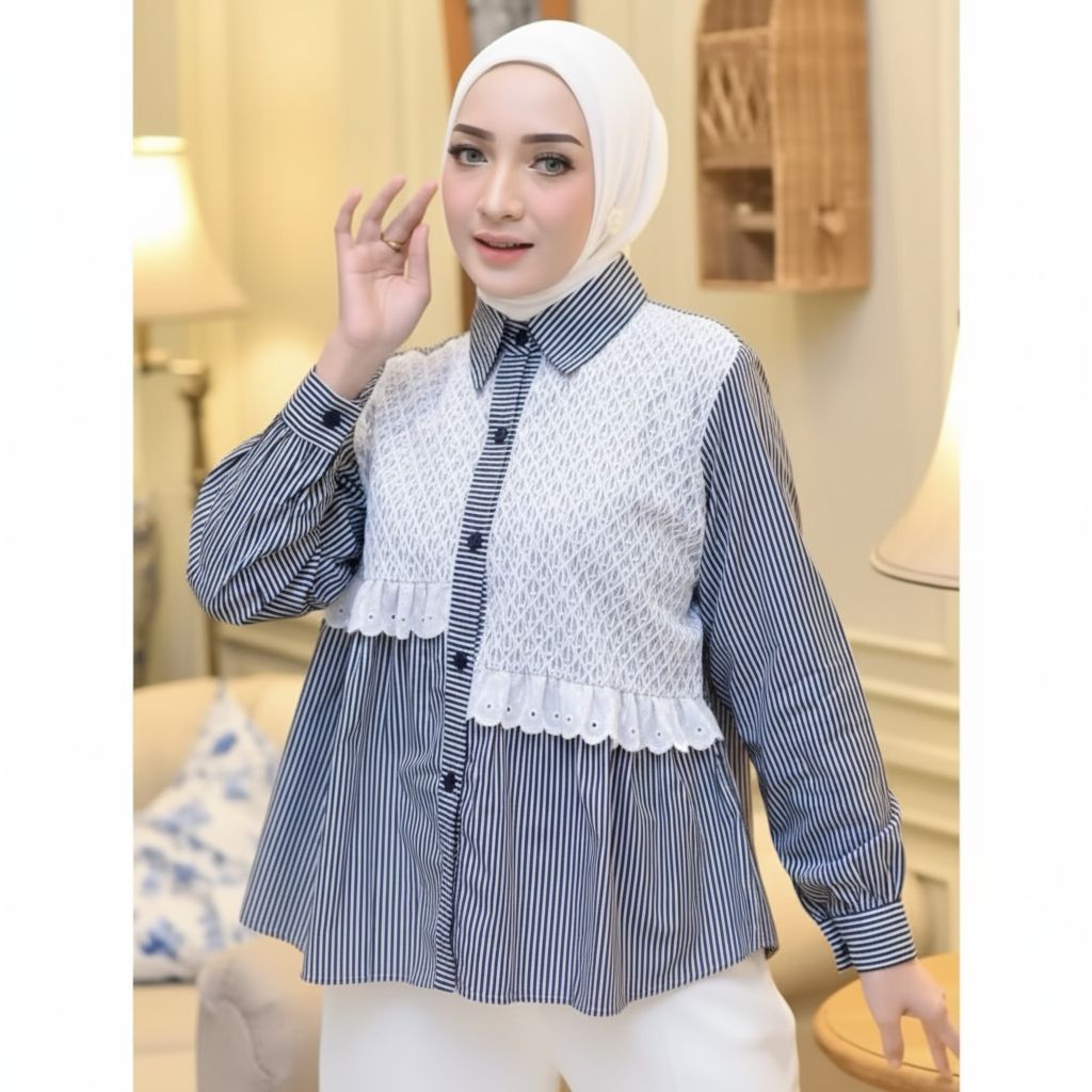 GADABUY_16 COD BAJU KEMEJA PAKAI KRAH KANCING AKTIF MIX BROKAT MEWAH /WANITA KEMEJA MEWAH