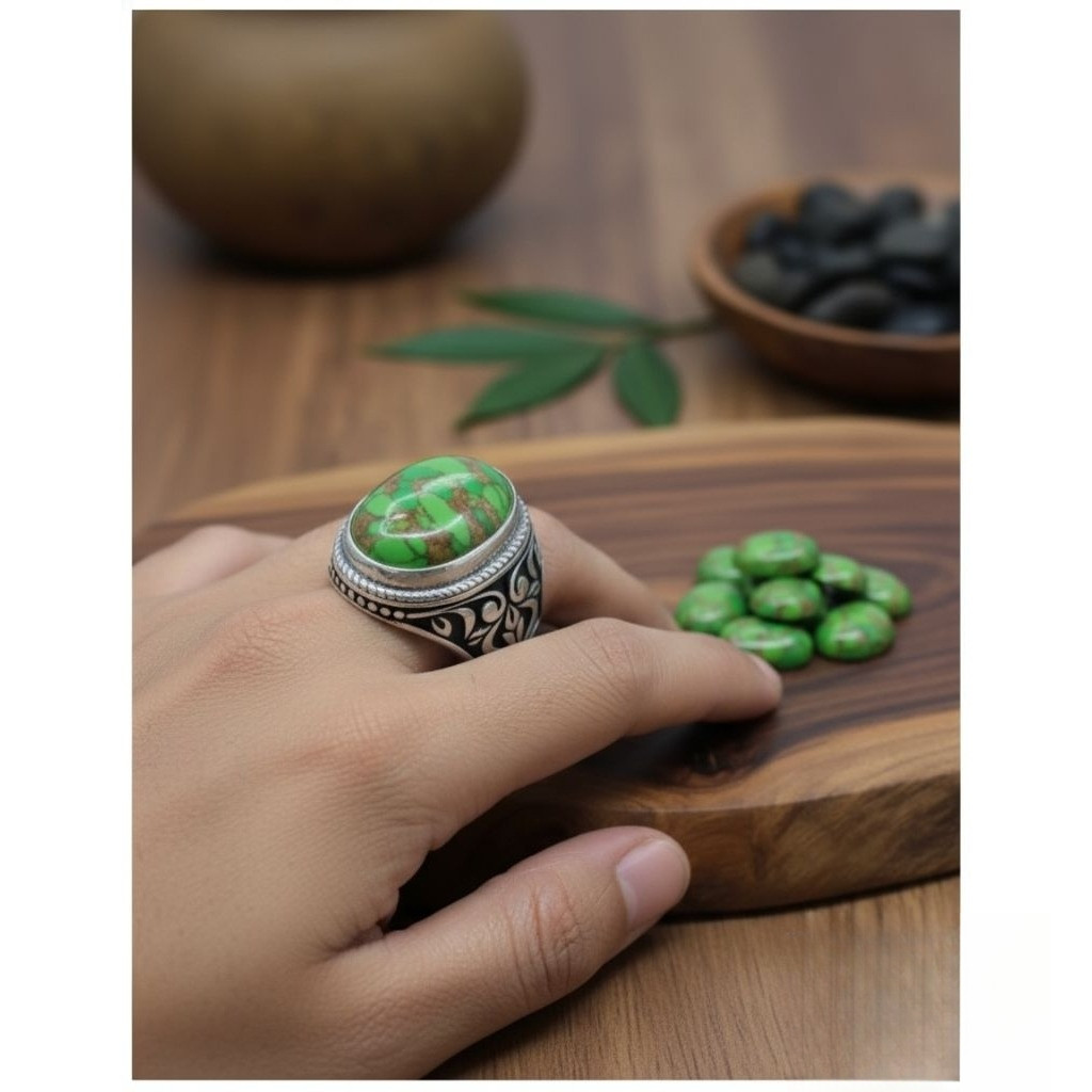 cincin batu pirus mesir hijau urat emas