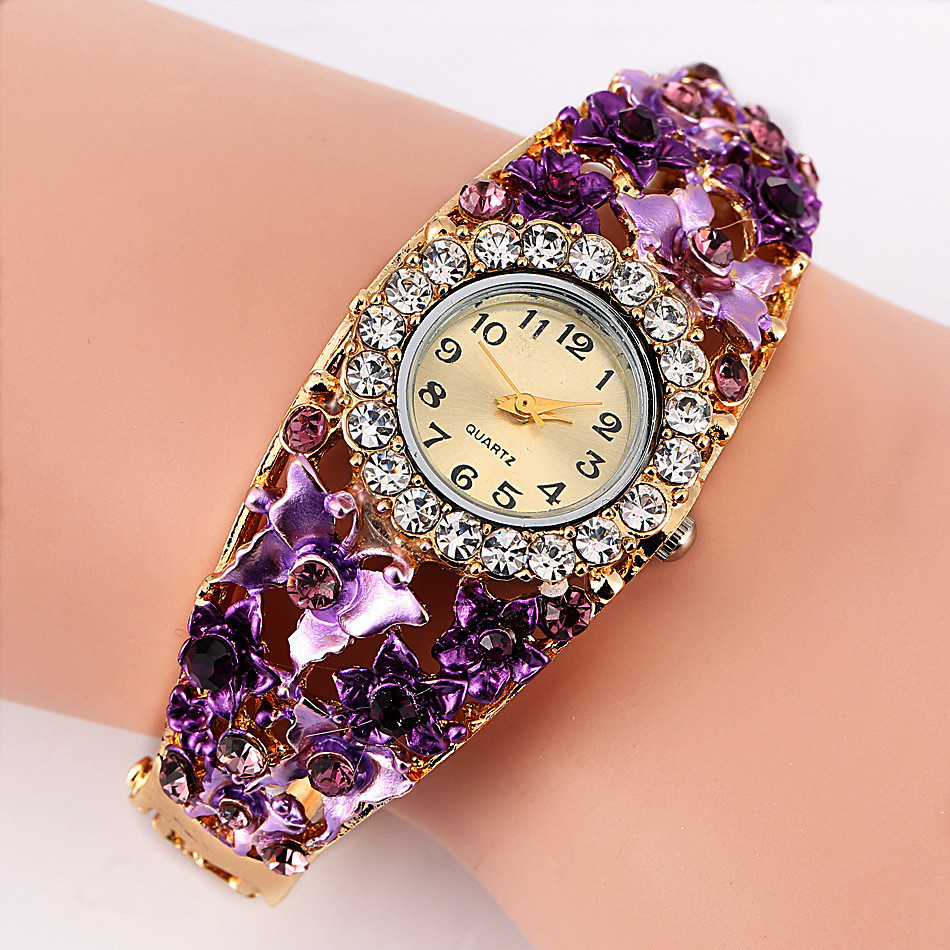 Women's Wates Stainless Steel Rhinestone Quartz Wat Women Fashion Flower Vintage Bangle Elegant Wris