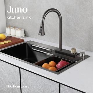 Diskon JUNO Kitchen Sink Stainless Steel 304 Matte Grey Rainfall Set Wastafel dapur Lengkap Tarik Ad