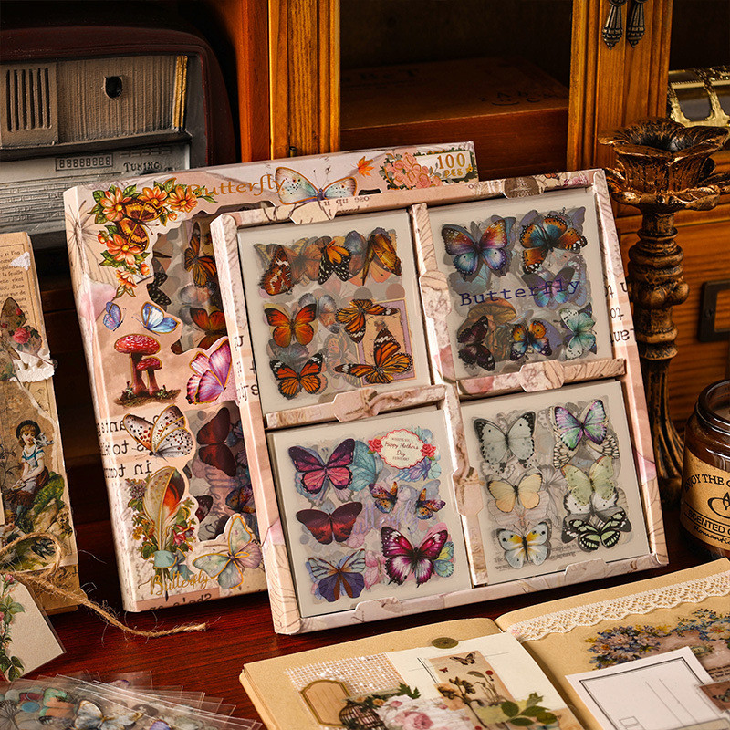 100Pcs Retro Butterfly Flower Plant Stickers Large Capacity Box Set Clipbook y Decorative Material S