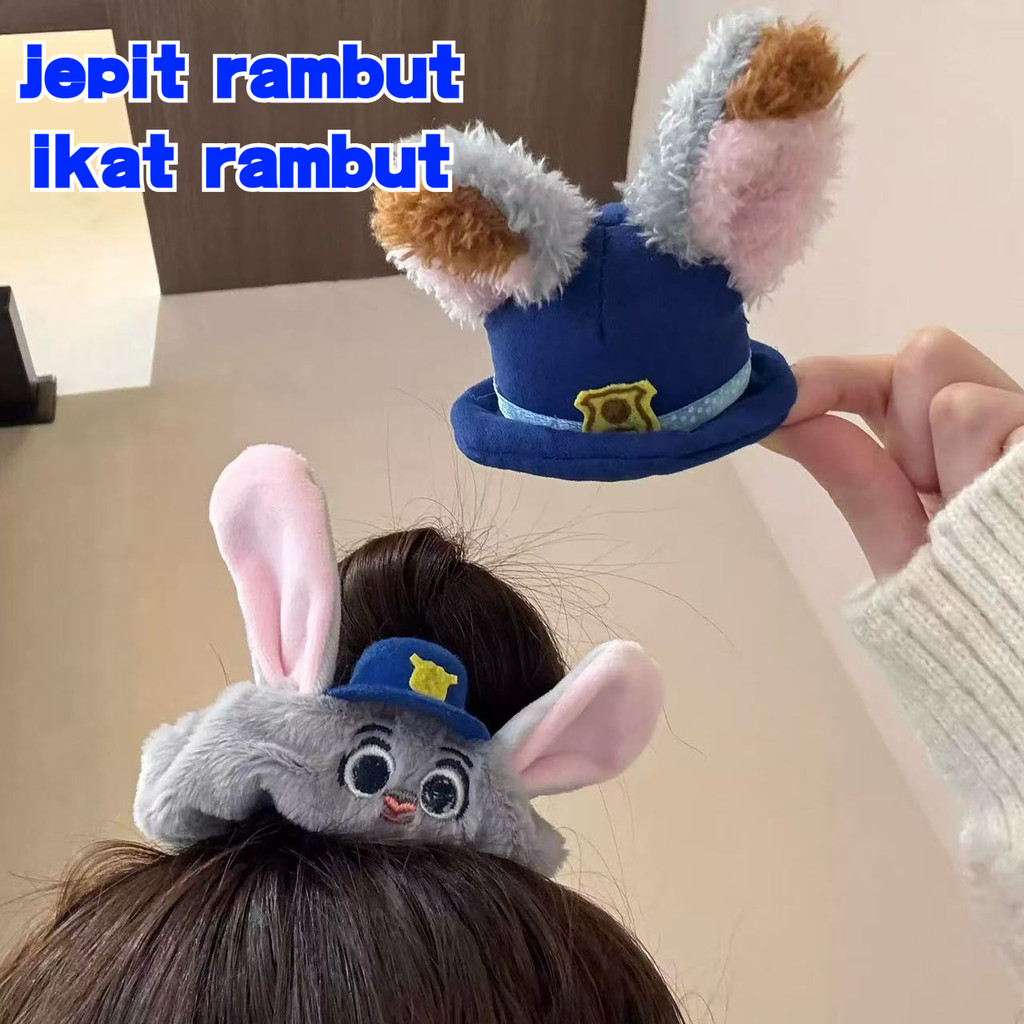 Topi Telinga Plush Polisi Kelinci Judy Lucu Klip Rambut Ikat Rambut Klip Poni Manis Pakaian Kepala F
