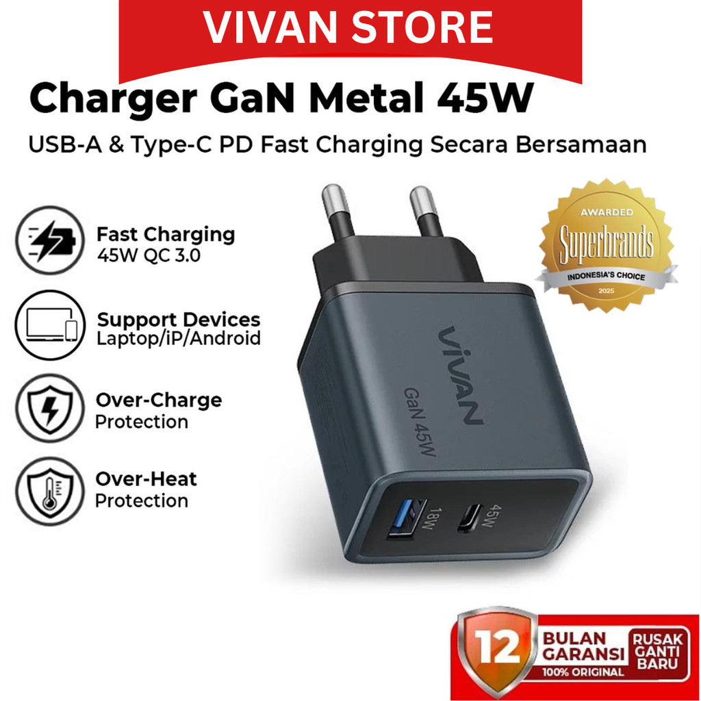 VIVAN GAN08 Adaptor 45W Dual Port Usb + Type C