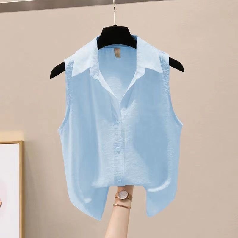 Blus Sifon Tanpa Lengan/Atasan Sifon Wanita Musim Panas Gaya Baru Elegan Warna Polos Longgar untuk P