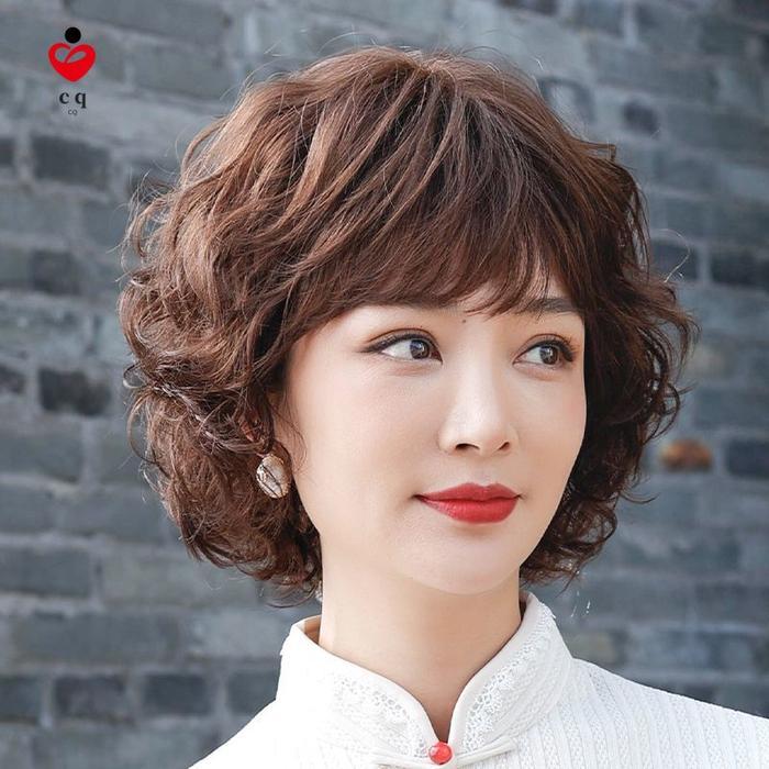 Wig untuk Wanita dengan Rambut Pendek, Ibu, Wanita, Tutup Kepala Penuh, Wig Rambut Keriting Pendek S