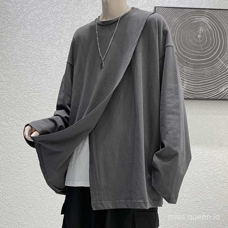 Kaos Lengan Panjang Pria Model Korea 2026, Desain Belah Samping Unik, Baju Dasar Santai Loose