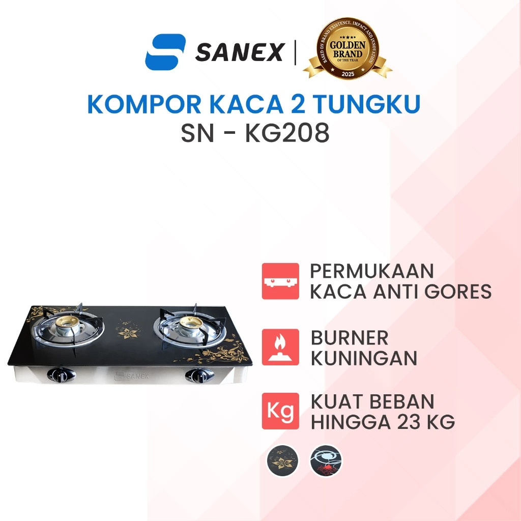 SANEX Kompor Gas Kaca 2 Tungku Butterfly Series SN-KG208 , MUDAH DIBERSIHKAN (KOMPOR KACA)