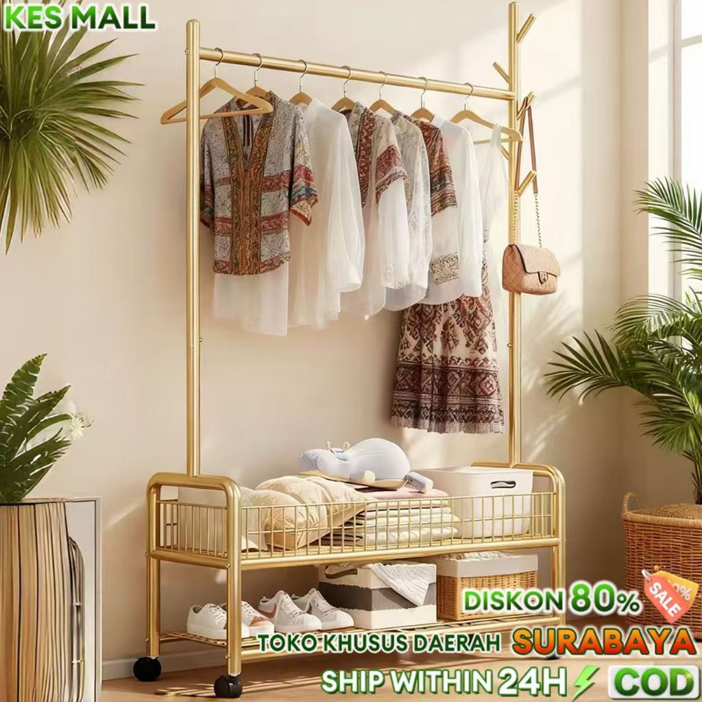 Rak Gantung Baju Besi Dengan Keranjang Mukena Sajadah Serbaguna Rapi COD Ready Surabaya