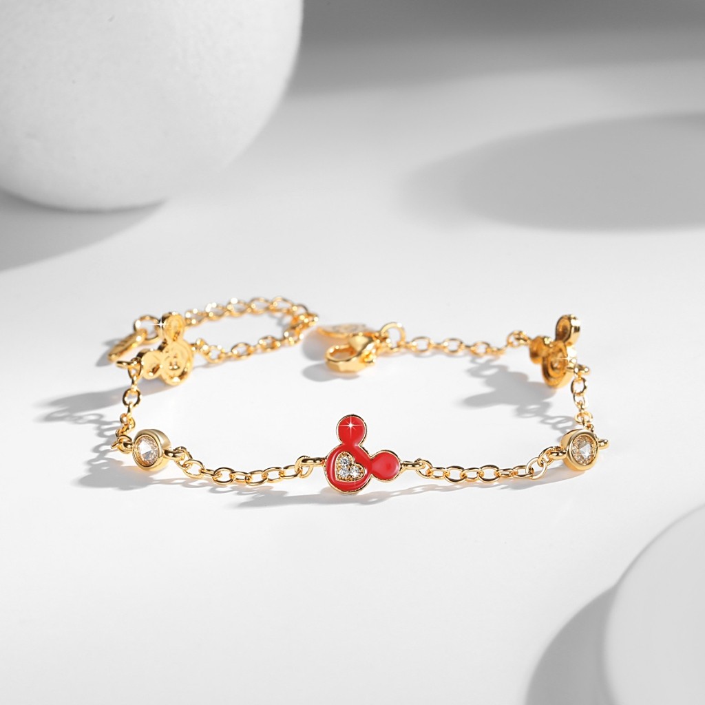 Lanme Jewelry Gelang Rantai Mickey Mouse Kristal Berlapis Emas Baja Tahan Karat Anti Luntur Aksesori