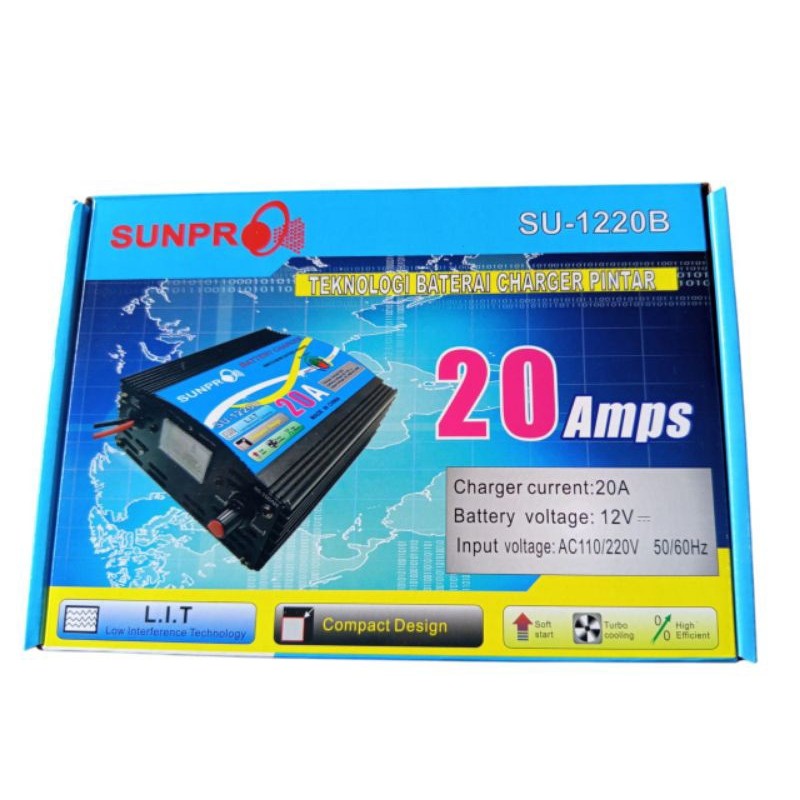SUNPRO SUN PRO PENGECAS CHARGER AKI OTOMATIS SU1220B SU 1220 B 20A 20 AMPERE CAS AKI MOBIL MOTOR AUT
