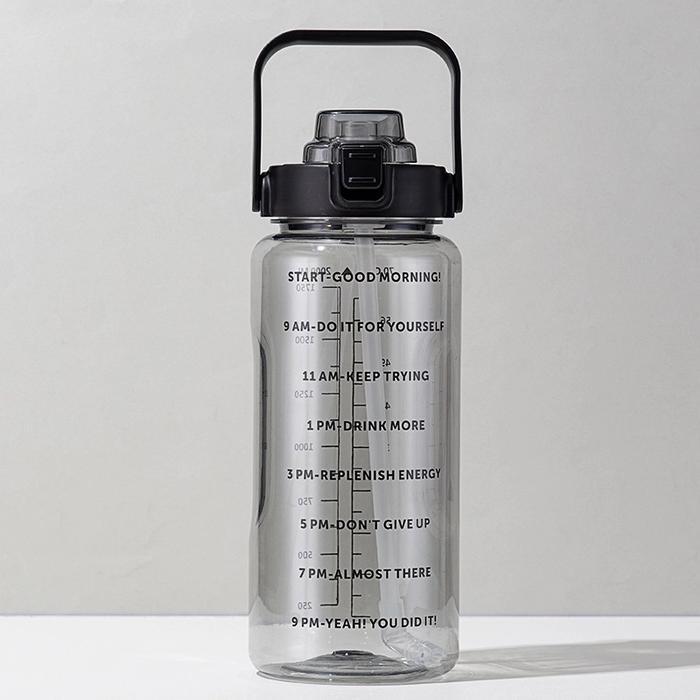 Botol Minum 2 Liter/Botol Bening Motivasi 2L/Botol Minum Viral Korea - HITAM + STIKER