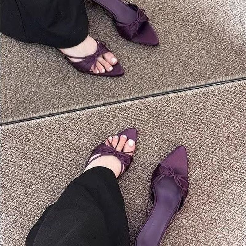 [COD] Sandal Prancis Hak Kitten Ujung Lancip dengan Pita Satin Ungu Cantik untuk Wanita