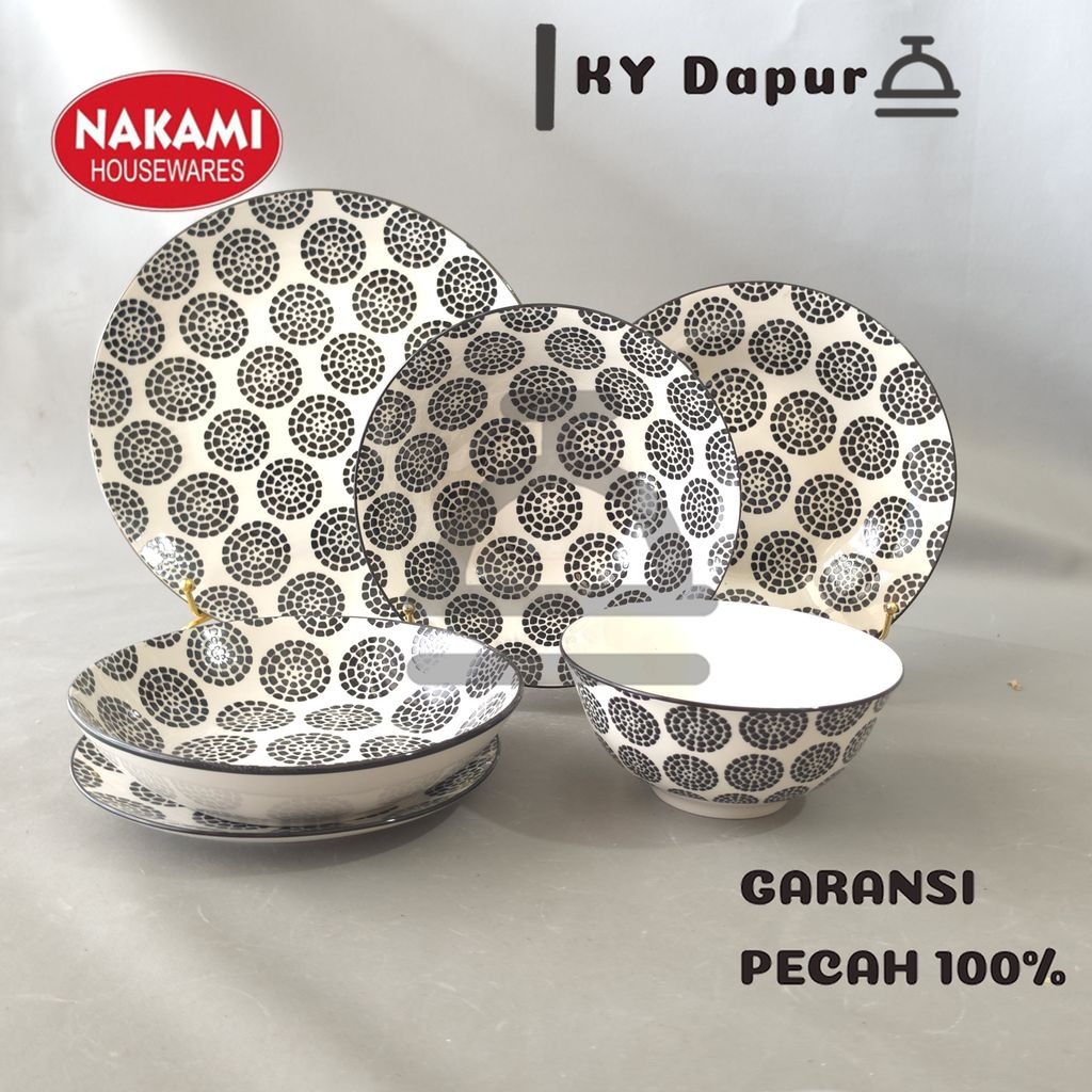 NAKAMI Piring Mangkok Makan Keramik Hitam Bunga Lucu Aesthetic Cantik Estetik