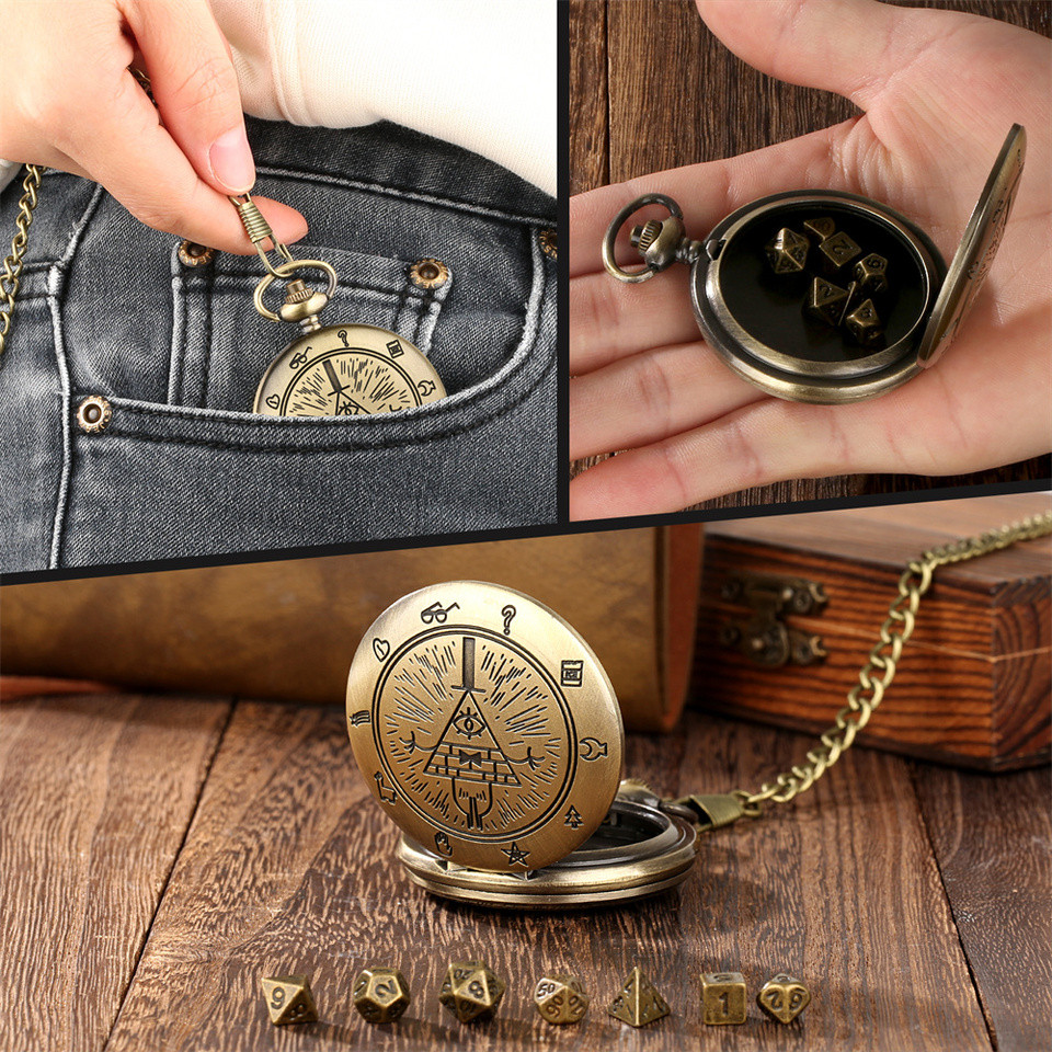 Vintage Bronze/Grey Black Pocket Watch Case with Mini Entertainment Dices Pocket Chain Birthday Gift