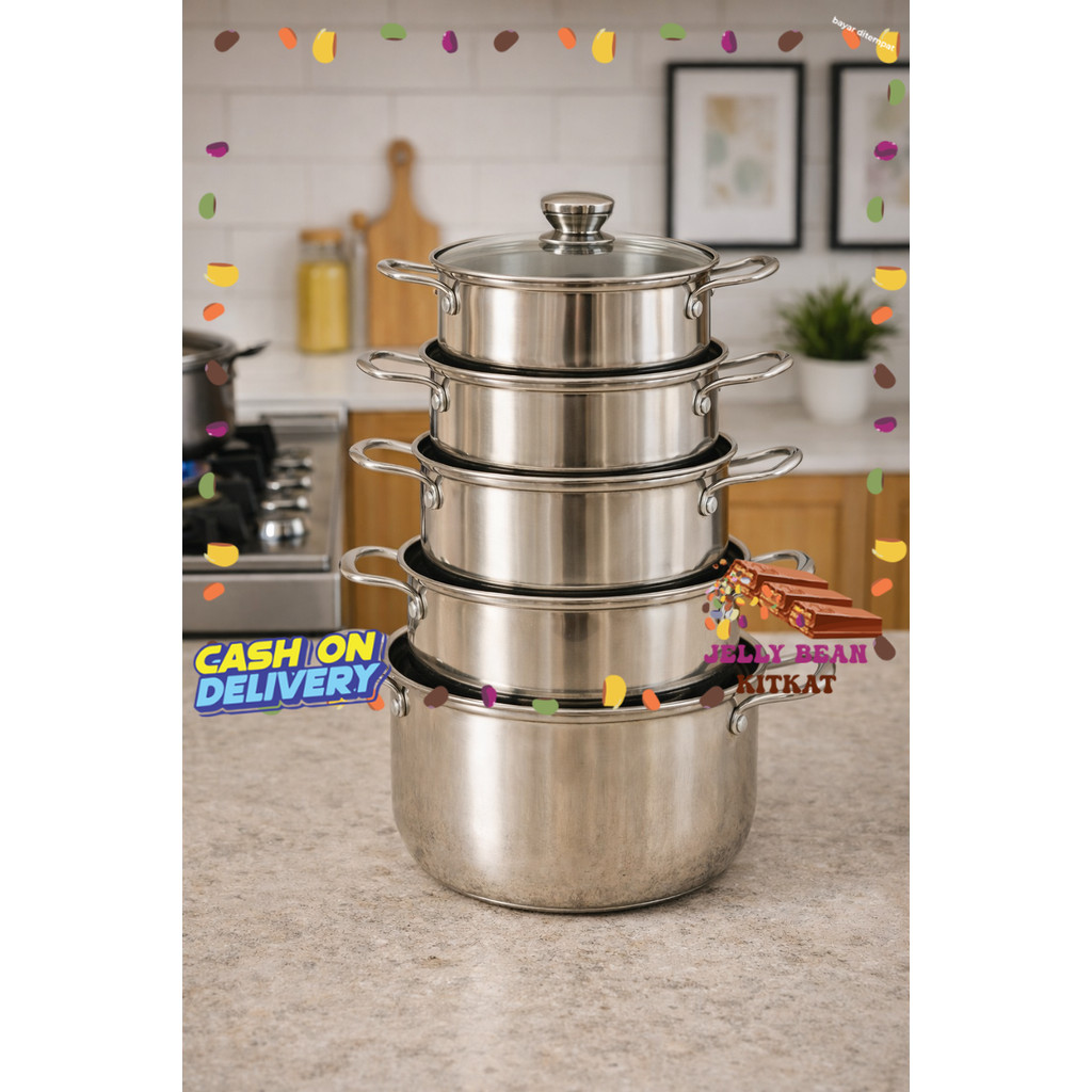 Panci Rebus Stainless Steel 5IN1 Peralatan Dapur Panci Tutup Kaca Serbaguna / Set Panci Masak Gagang