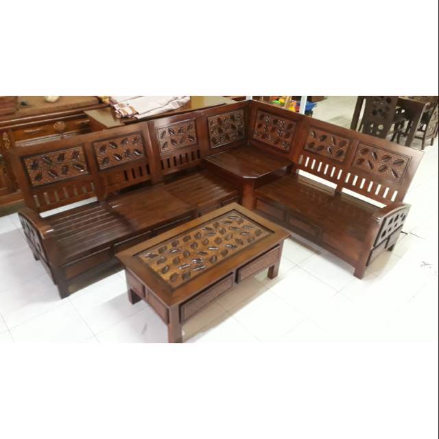 Kursi Tamu Sudut Minimalis Kayu Jati Ukiran Daun