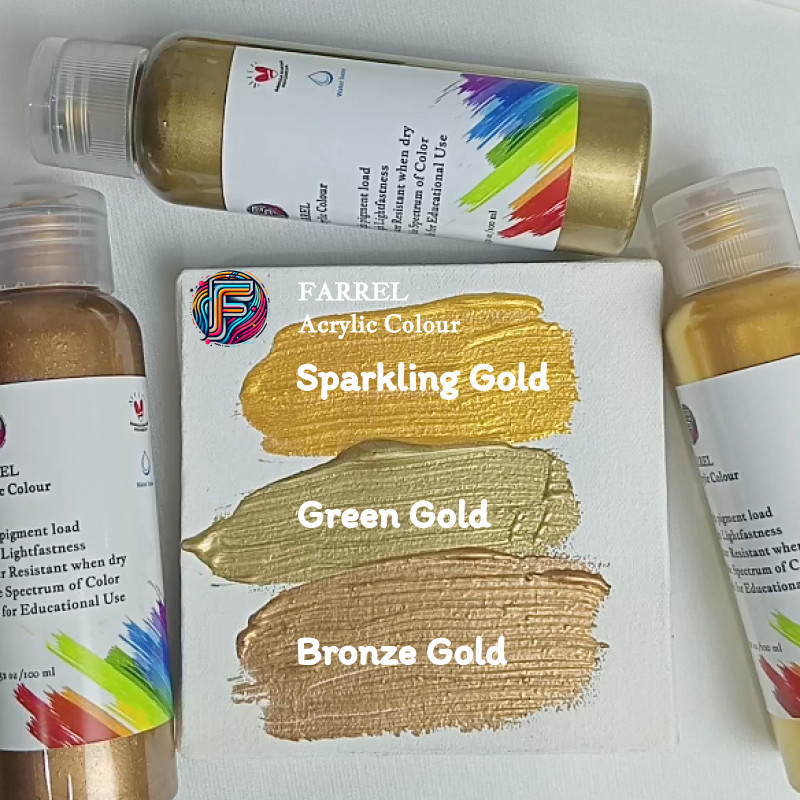 Terbaru Cat Akrilik Farrel Acrylic Colour 100ml - Warna Emas Sparkling, Gold, Bronze, Green Cat Mura
