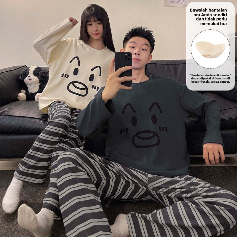 2026 Gaya Korea piyama couple Pria & Wanita Lengan Panjang Kasual Kartun Wearable Outside Set Baju R