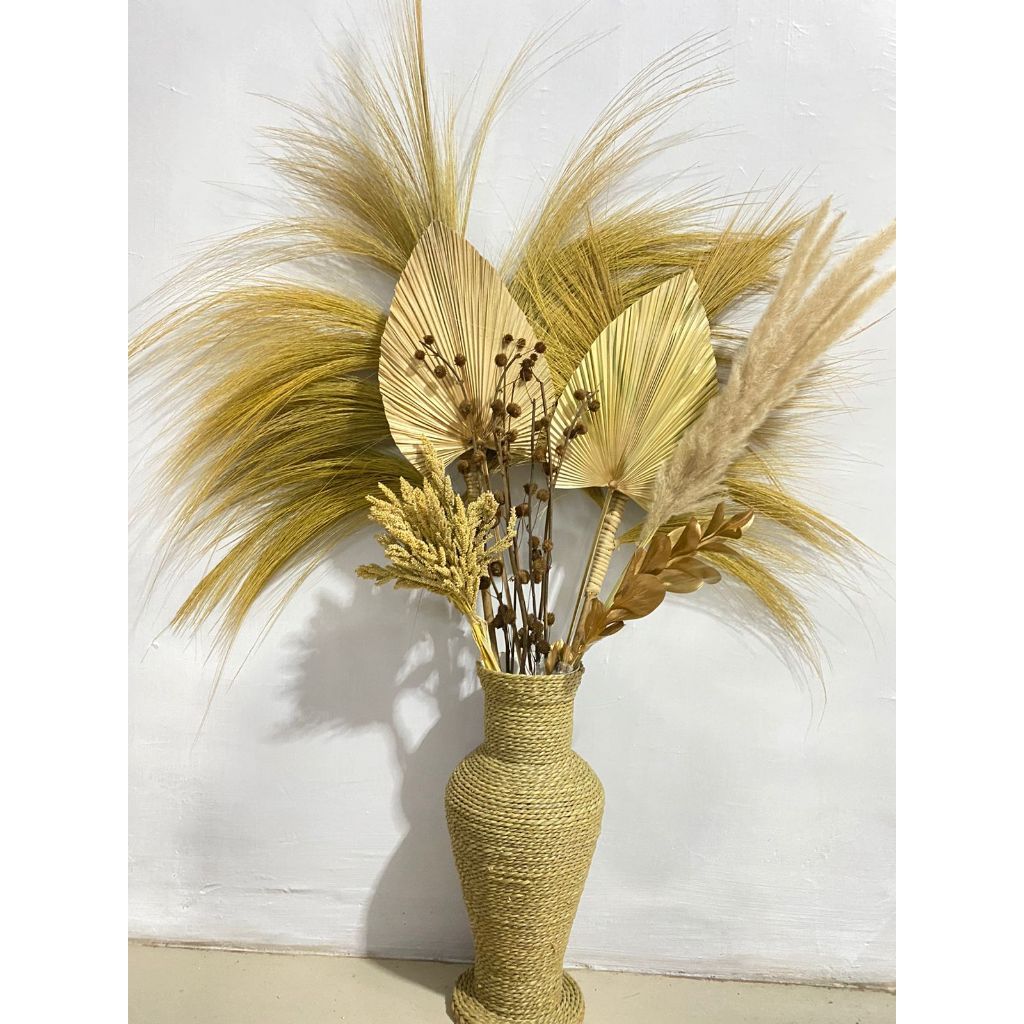 Paket Bunga Kering dan Pot/ Pampas/ Daun Palem Kering