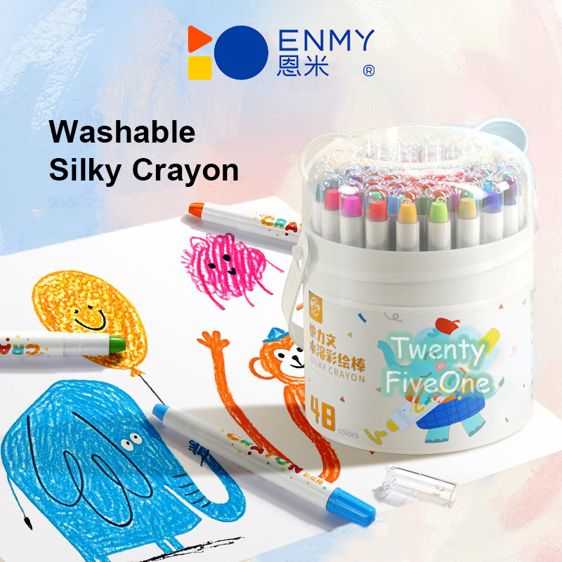 Kuailiwen Washable Silky Crayon Non Toxic & Anti Kotor 36/48 Warna Set Lengkap dengan Ember & Kuas