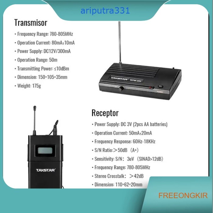 Sistem Monitor Suara Transmitter Receiver Takstar UHF Wireless WPM-200
