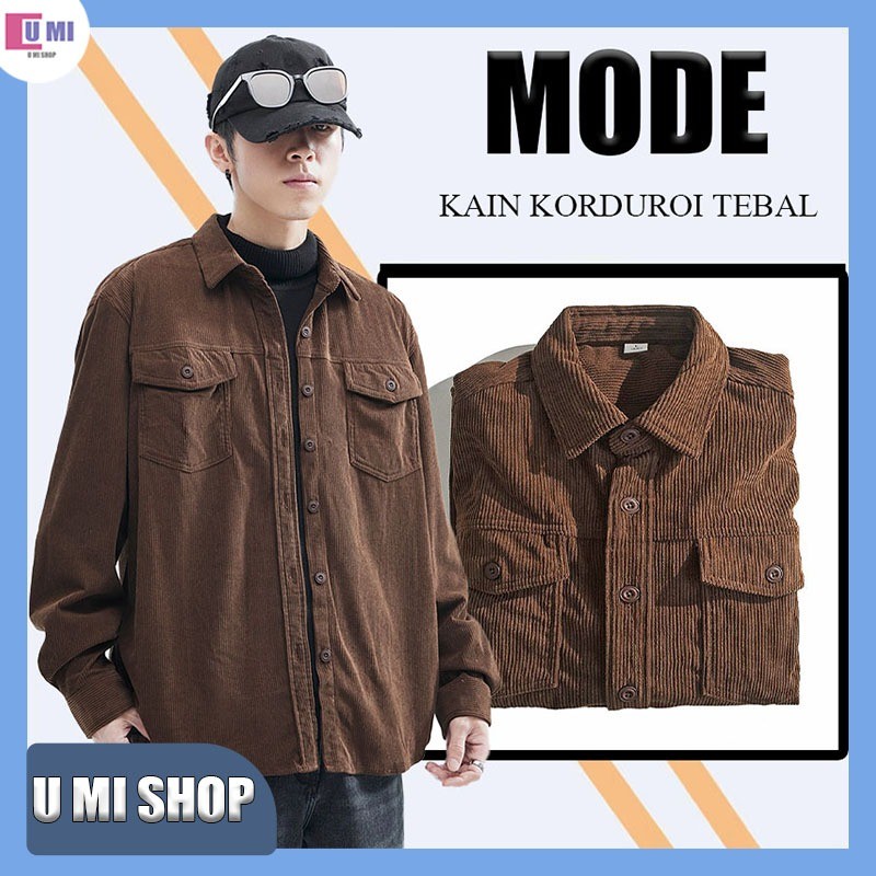 Jaket korduroi pria Vintage oversize Korean style lengan panjang Warna solid atasan Kekinian corduro