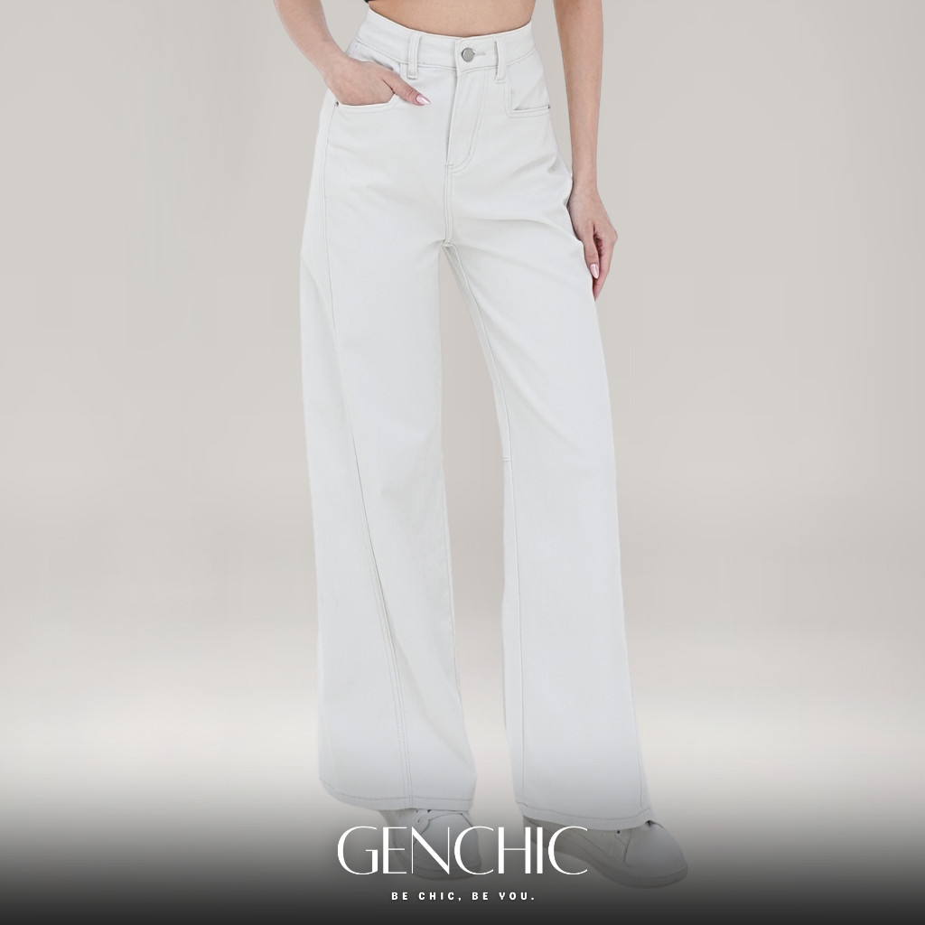 Promo Awal Tahun GENCHIC - Ash White Front Side Line High Waist Wide Leg White Vintage Jeans | Celan