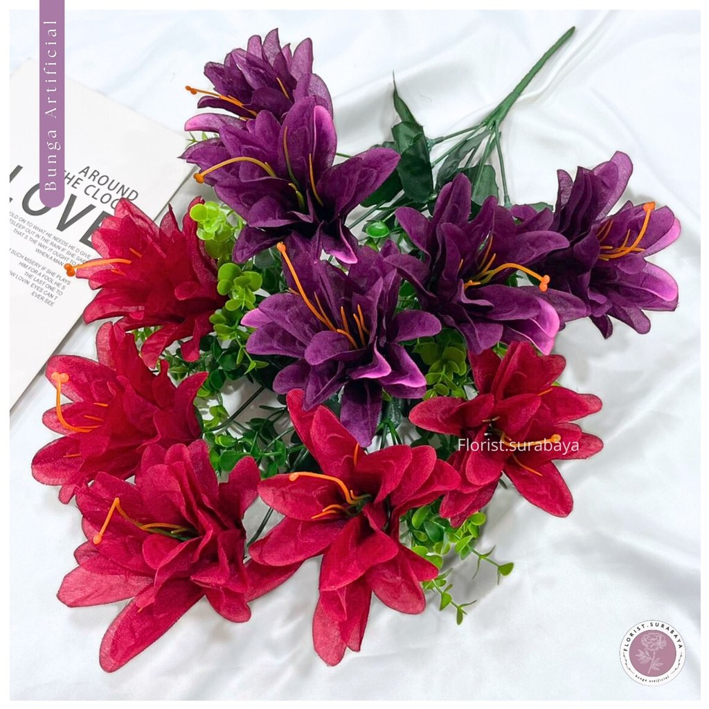 Bunga Lily Kain Cabang 5 Dekorasi/Lily Tiger Casablanca/bunga dahlia/Bunga Artificial Murah Import