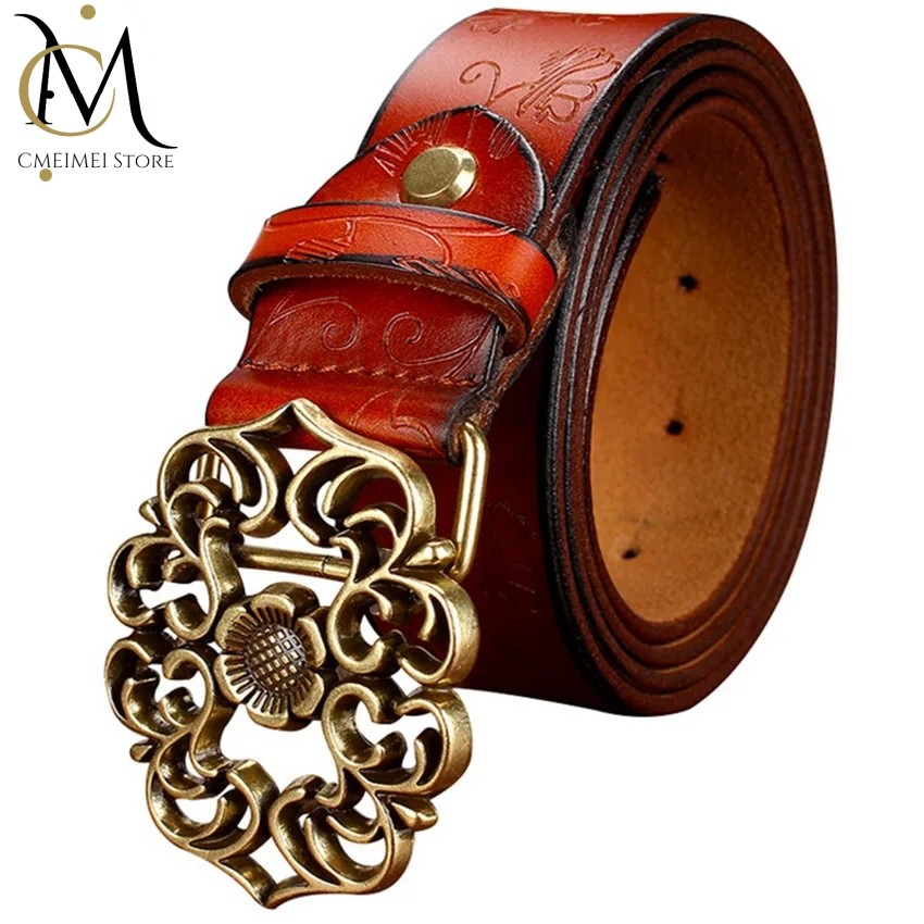 Fashion Genuine Leather Belts for Women Quality Second Layer Cow Skin Woman Belt Vintage Floral Pin 