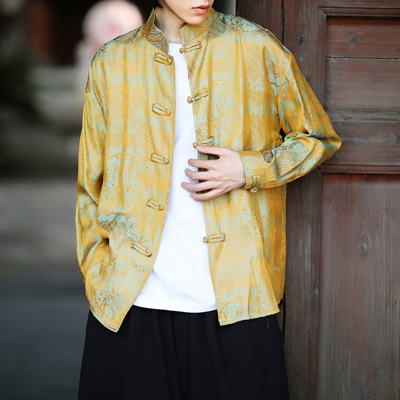 Kemeja Pria Gaya Cina Retro Jacquard Kancing