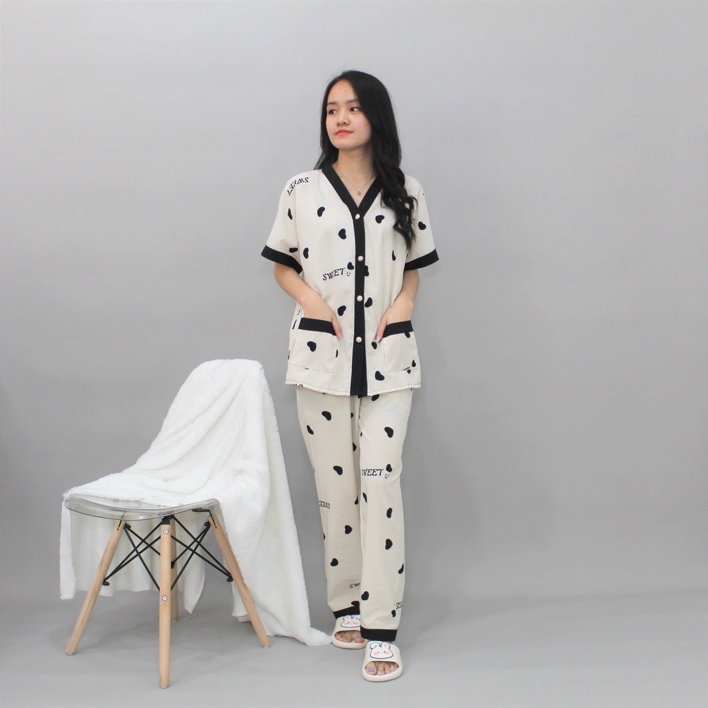 PROMOST Vianca Piyama Motif Pita love Powysuit Bahan Satin Lengan Pendek Celana Panjang Baju Tidur W